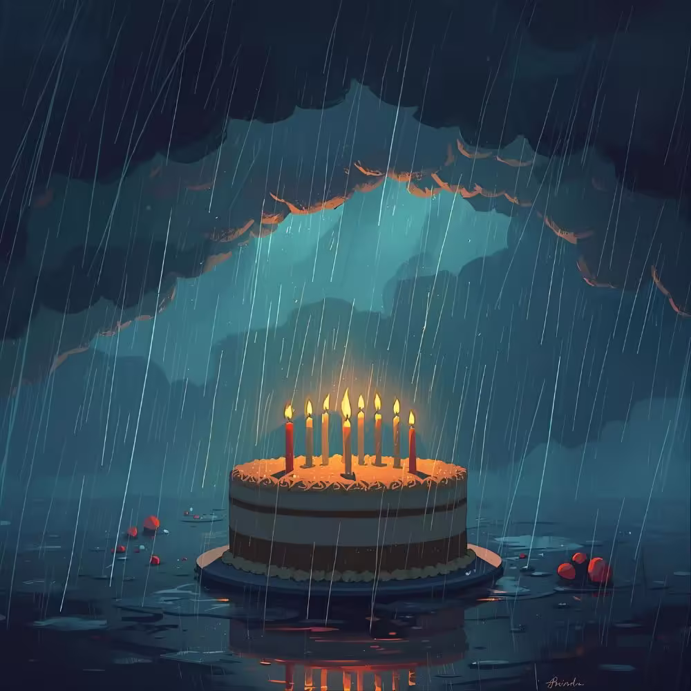 Cartoon of a birthday cake under storm clouds, candles glowing through the rain.