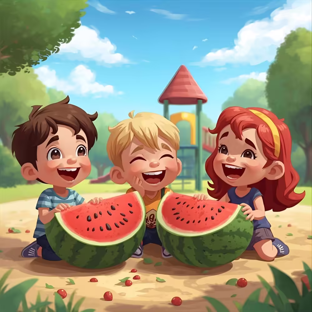 Kids sharing laughs with watermelon pals.