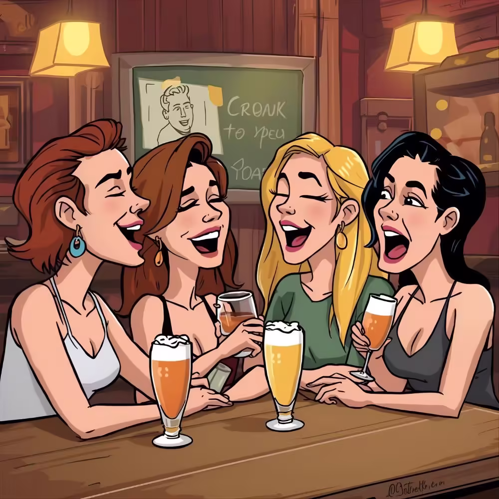 Cartoon adult characters enjoying cheeky bar jokes.