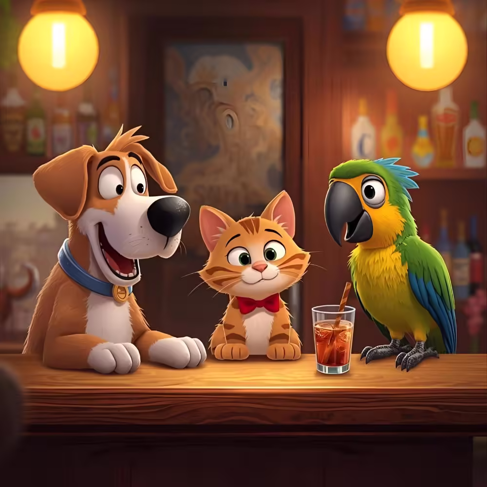 Cartoon animals making bar jokes at a counter.