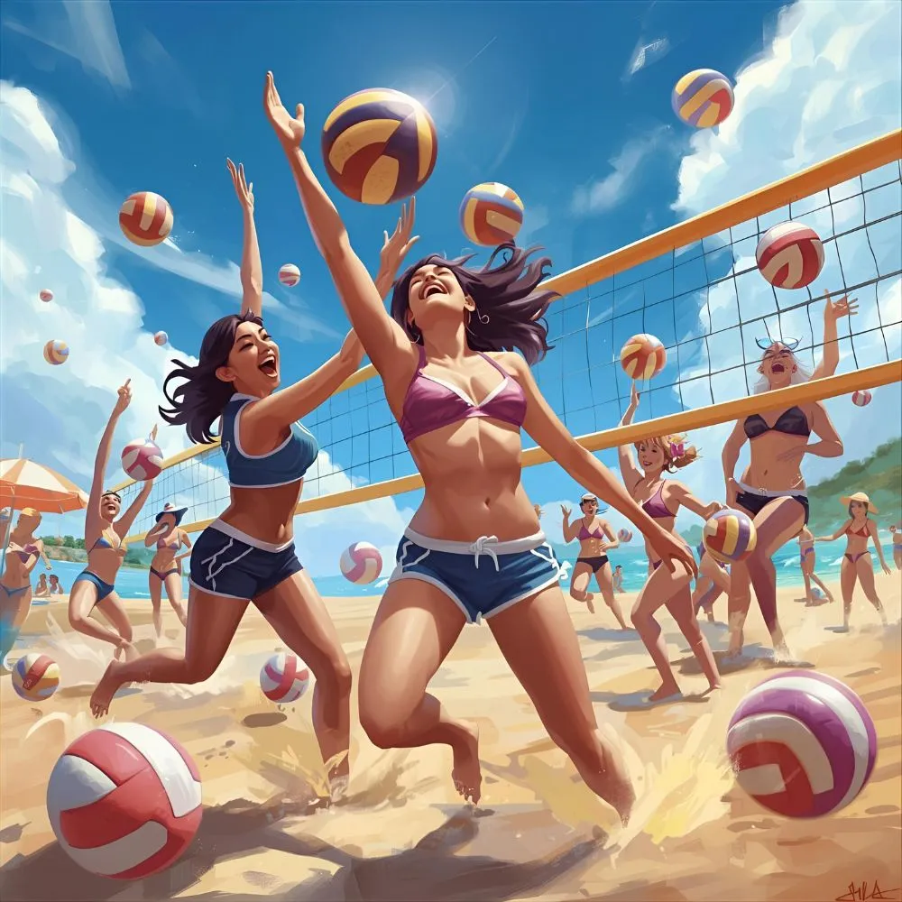 Fun cartoon of a beach volleyball game featuring smiling players and laughing volleyballs in a sunny setting.