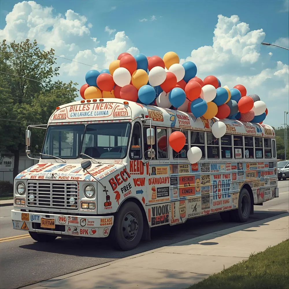 Cartoon campaign bus decorated with humorous slogans and bright balloons in a lively detailed scene.
