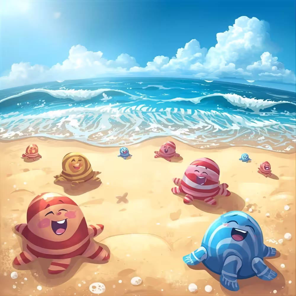 4K HD cartoon beach scene with smiling seashells and cheerful waves in bright, colorful style.