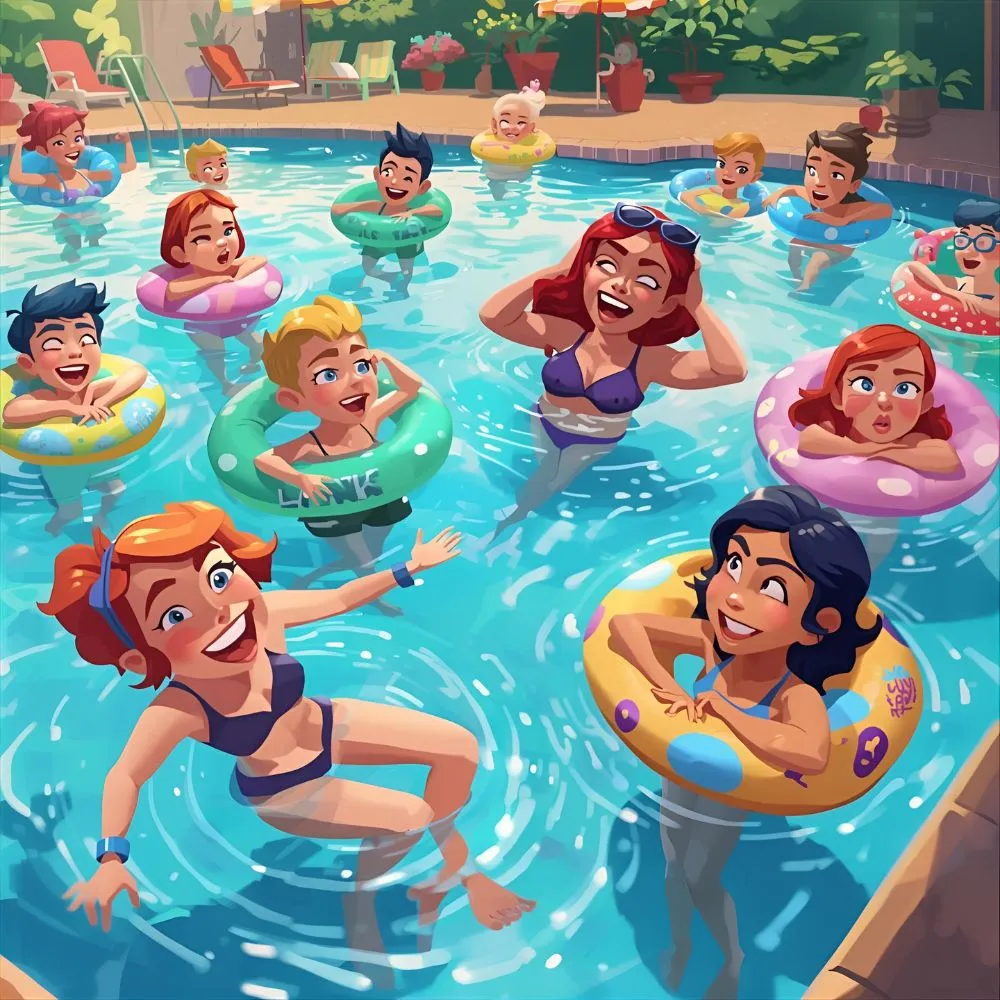 Fun cartoon pool party scene featuring happy swimmers and bright floaties splashing in the water.