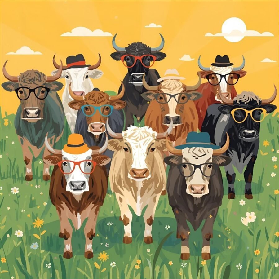 herd of cattle wearing funny glasses hats bold colours