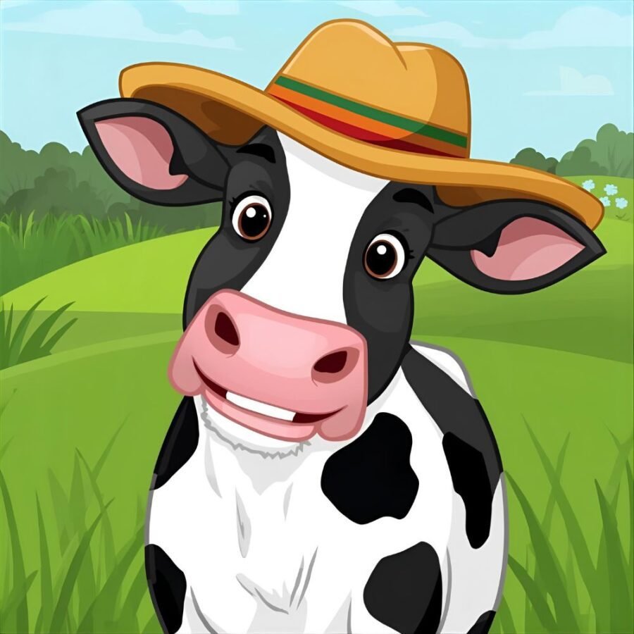 cheerful dairy cow on meadow with straw hat farm scene