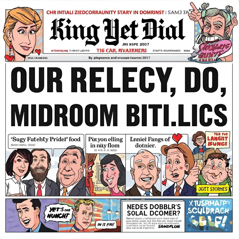 Cartoon of a newspaper front page packed with humorous scandal headlines in a bright, vivid style.
