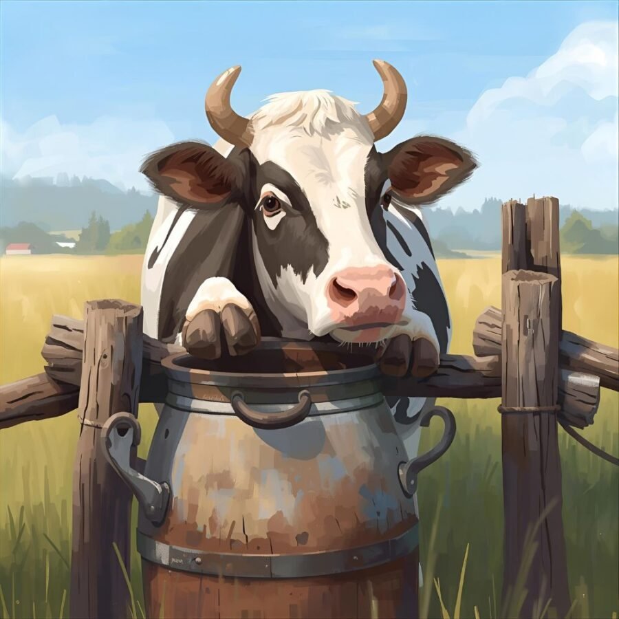 gentle cow leaning over milk pail morning light rustic