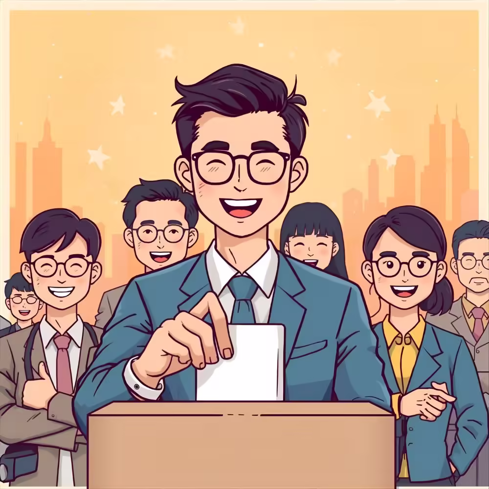 Happy voters casting ballots in a cheerful democracy-themed cartoon illustration.