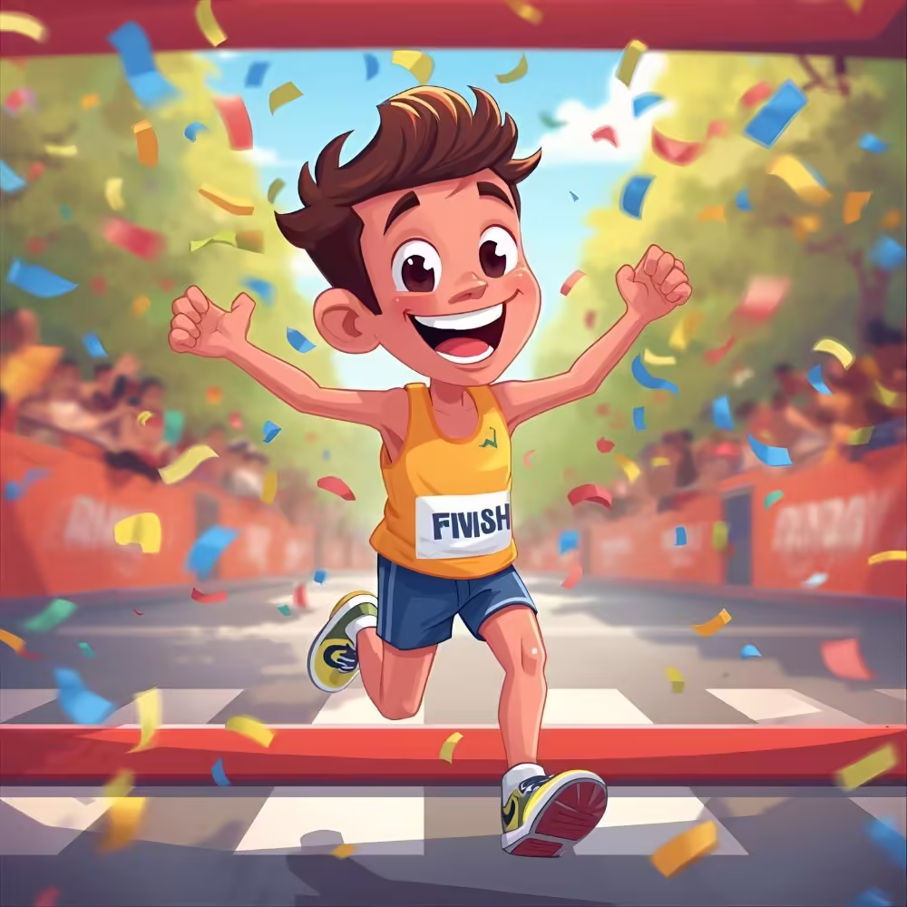 Funny marathon pun cartoon of runner finishing race.