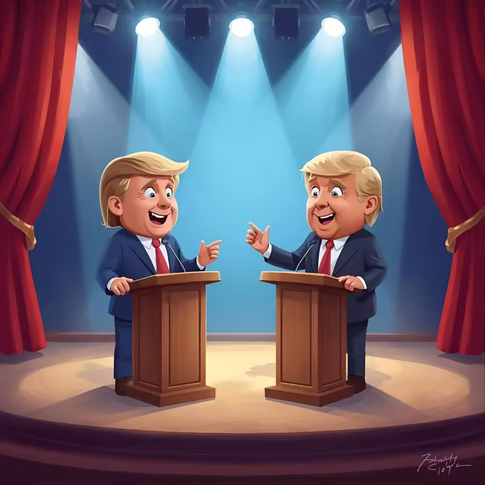 Cartoon of two political party mascots debating on stage with happy expressions and bright colors.
