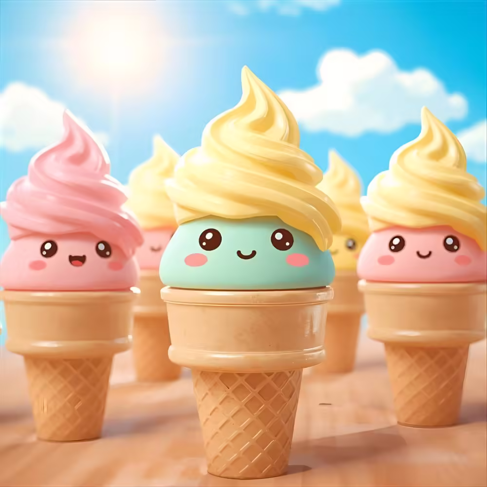 4K cute cartoon of happy ice cream cones smiling under the bright sun in a cheerful scene.