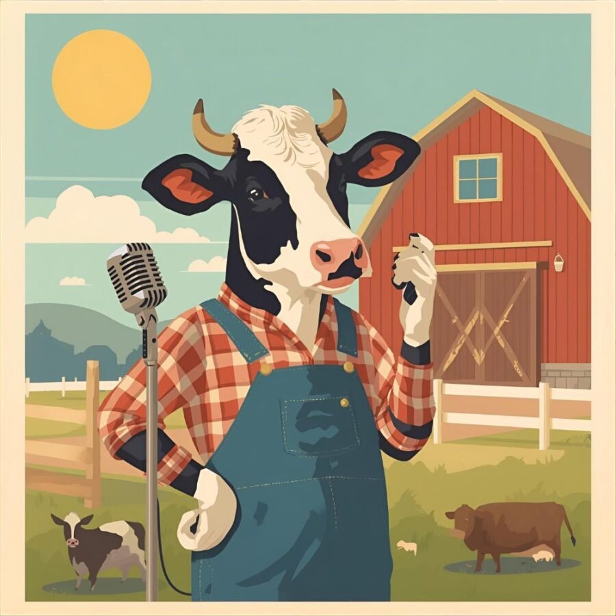 retro cow in 1950s farm attire microphone poster