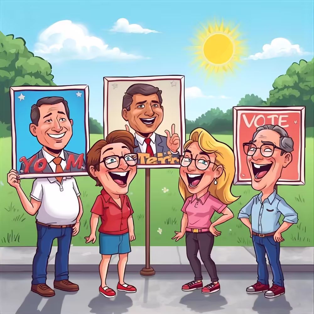 Voters laughing at hilarious campaign posters during election season, colorful cartoon scene.