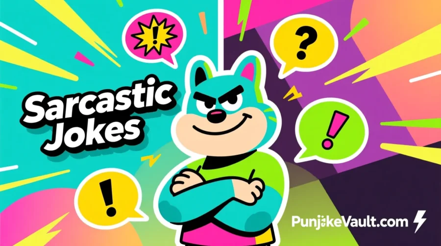 "Funny illustrated character smirking with sarcastic expressions, surrounded by colorful humor icons, with the title Sarcastic Jokes and the website name PunjokeVault.com."