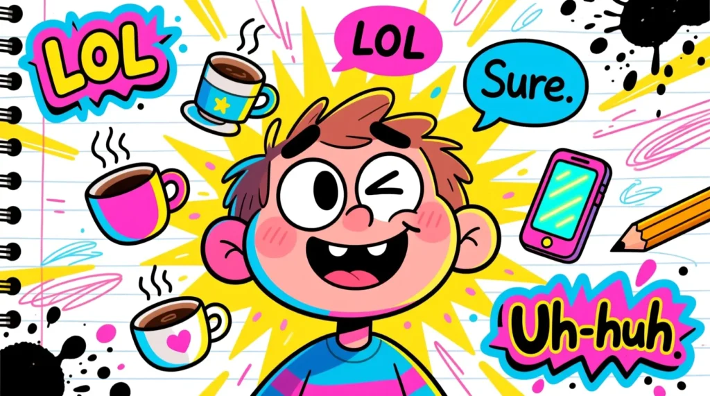 “Cartoon character rolling eyes with playful sarcasm symbols around them.