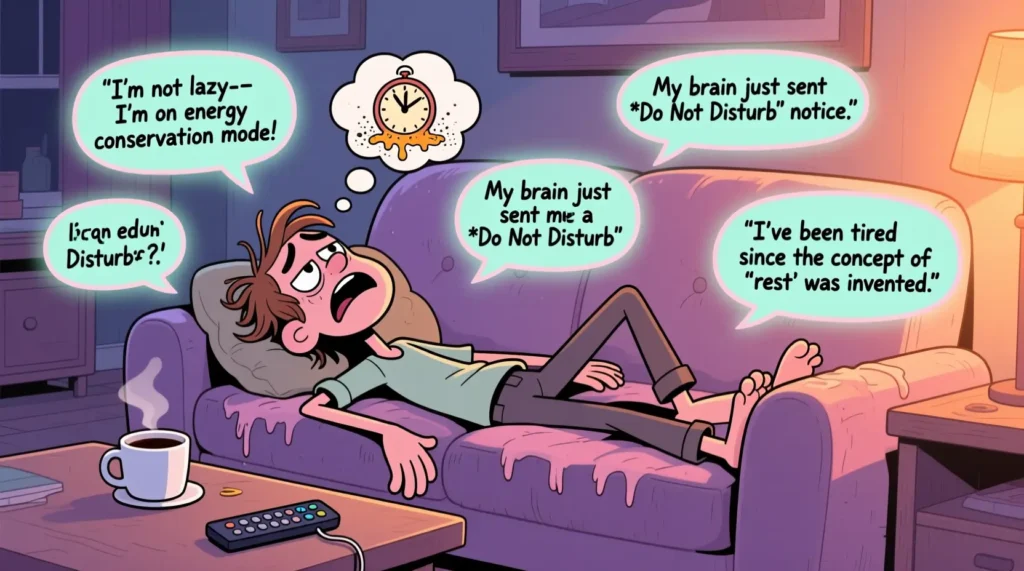 “Cartoon of a tired character lounging with sarcastic quotes floating around.”