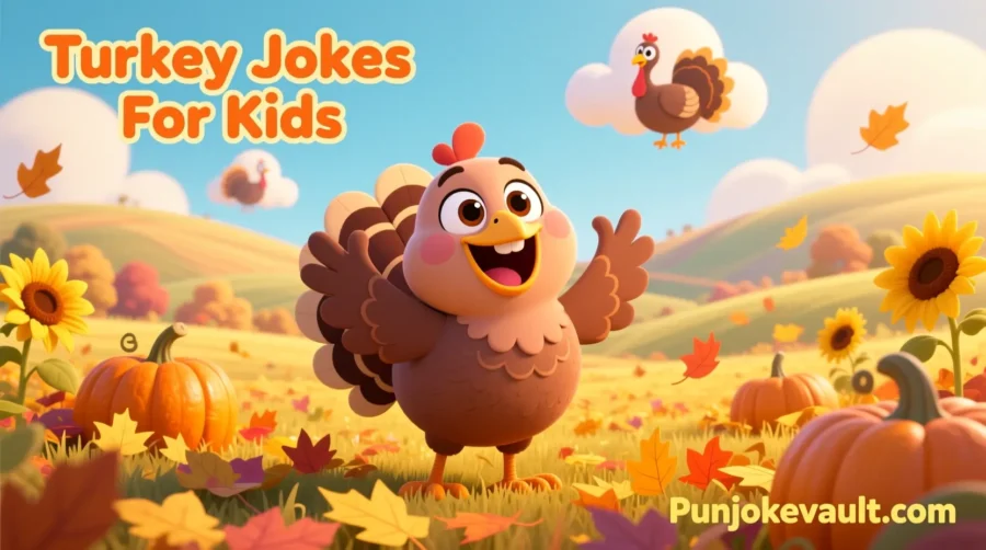 Cheerful cartoon turkey in a colorful autumn field with text “Turkey Jokes For Kids” and site name “Punjokevault.com”