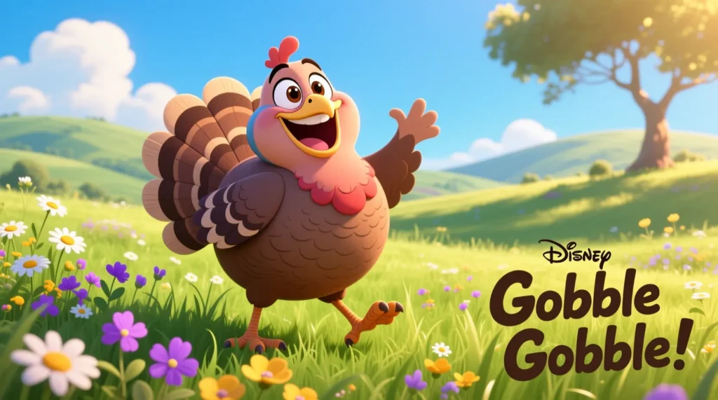 Cartoon turkey laughing with big goofy eyes in a bright meadow, 4K