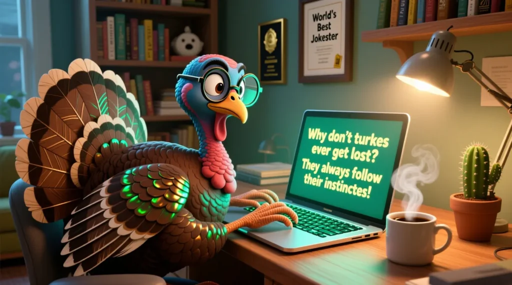 Clever cartoon turkey typing jokes on a computer, digital art, kid-friendly style