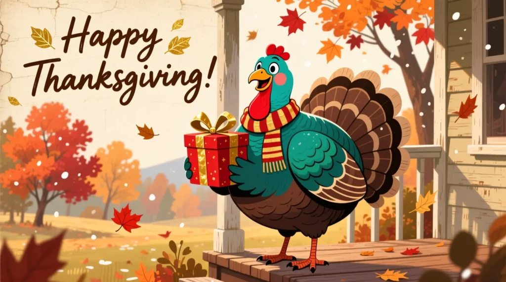 Cartoon turkey holding a gift box on a holiday greeting card, kid-friendly illustration