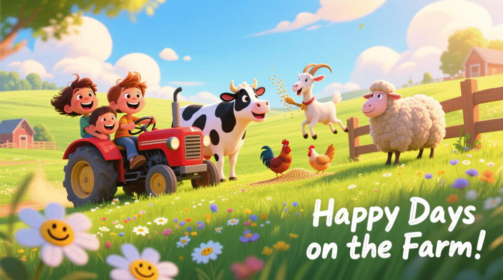 “Fun and friendly farm animals sharing playful jokes with kids.”