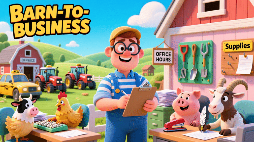 “Farm work gets a humorous twist with silly animals helping the farmer on a colorful cartoon farm.”