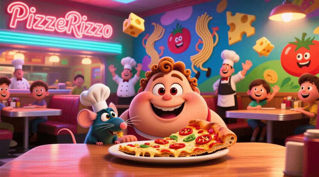 "Cartoon illustration of a rat nibbling a slice of pizza at PizzeRizzo, playful and whimsical restaurant scene."