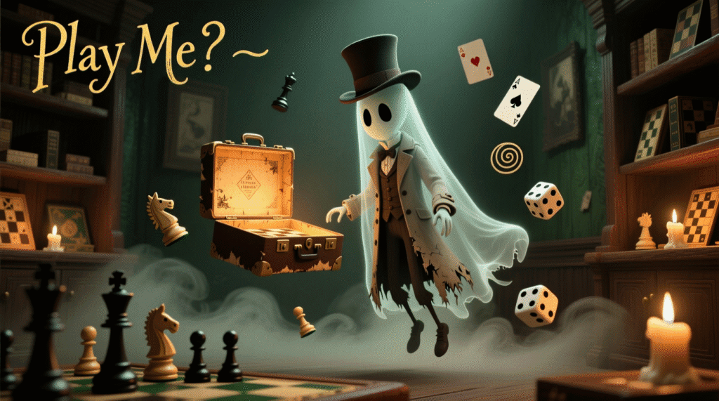 "Illustration of a ghostly figure with a floating hatbox head in a misty, mysterious game room."