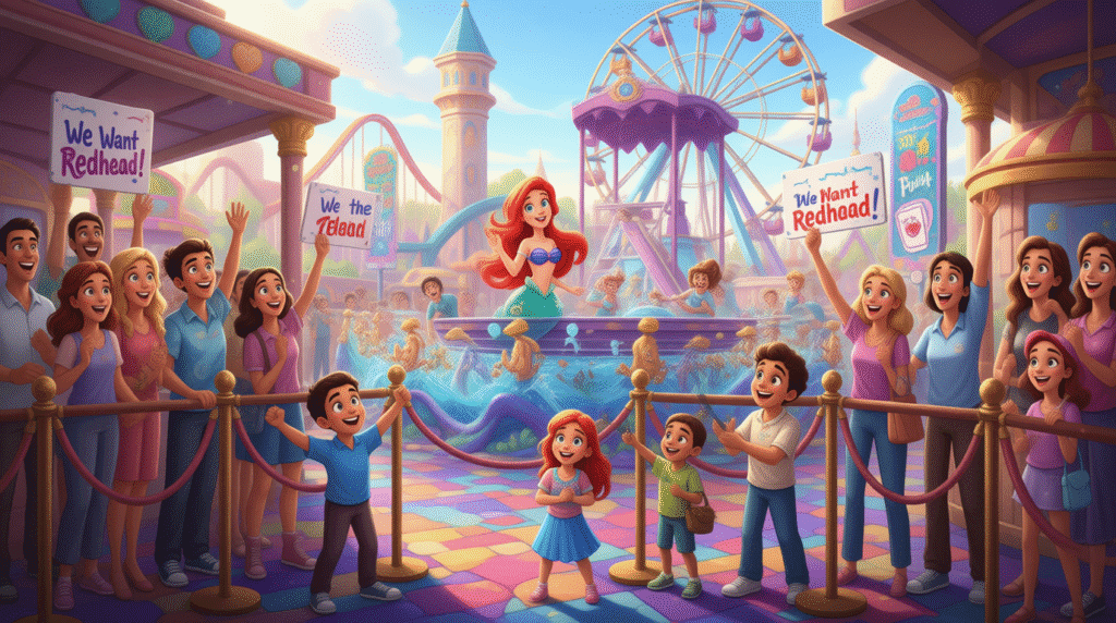 "Illustration of excited visitors in the Little Mermaid ride queue, holding signs and cheering for the Redhead, playful Disney scene."