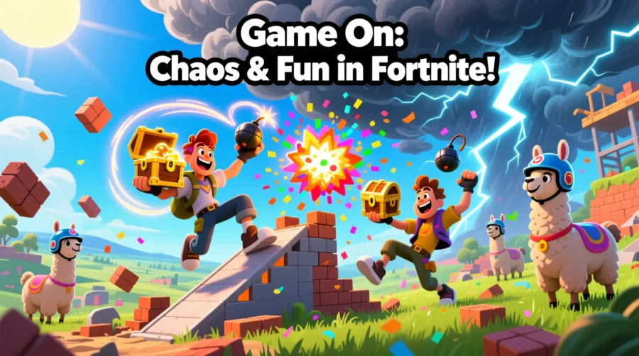 "Cartoon-style Fortnite scene with characters building, dancing, looting, and boogie bombing, playful and humorous gaming illustration."