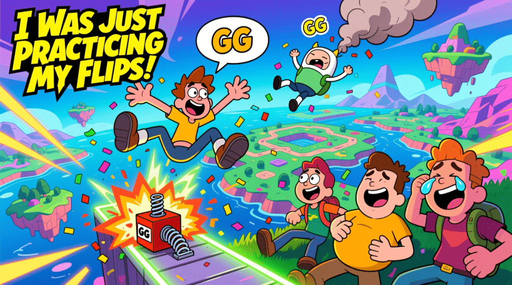 "Cartoon Fortnite characters in funny, sarcastic situations like falling, traps, and squad reactions, humorous gaming illustration."