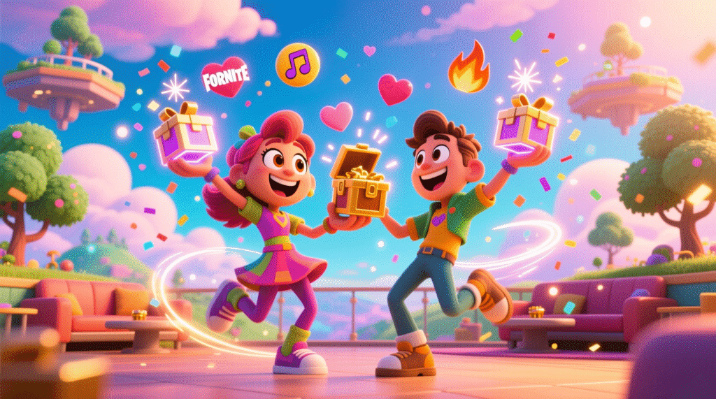 "Cartoon Fortnite characters dancing and teaming up with hearts and playful emotes, representing romantic gaming fun."