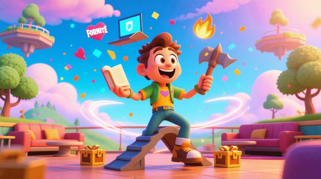 "Cartoon Fortnite character juggling books, laptop, and pickaxe, showing humorous chaos of work or study mixed with gaming."