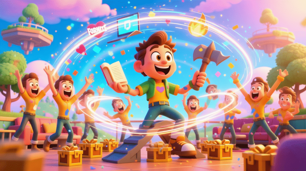 "Cartoon Fortnite character celebrating a Victory Royale with emotes, loot, and teammates in a bright, fun-filled scene."