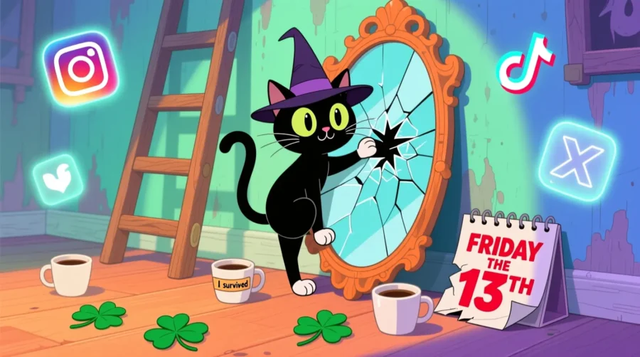 Funny Friday the 13th illustration with a black cat, broken mirror, ladder, and playful spooky elements for a humorous article.