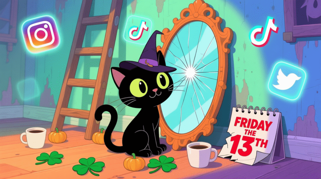 Cute illustration of a black cat with a wizard hat celebrating Friday the 13th with playful lucky charms.
