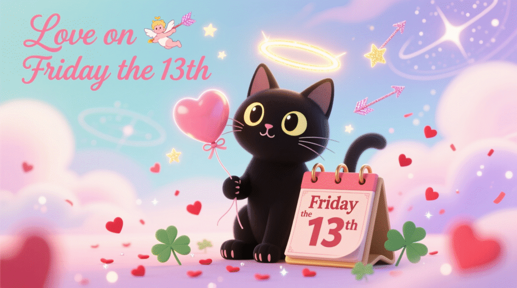 Romantic illustration of a black cat with a heart balloon celebrating Friday the 13th with love and charm.