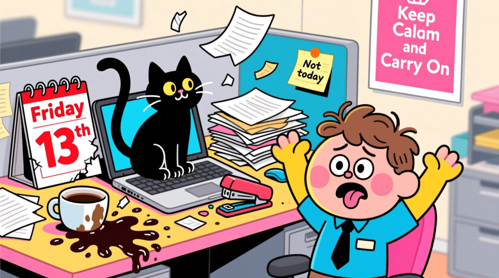 Humorous illustration of a chaotic office desk with a black cat and spilled coffee on Friday the 13th.