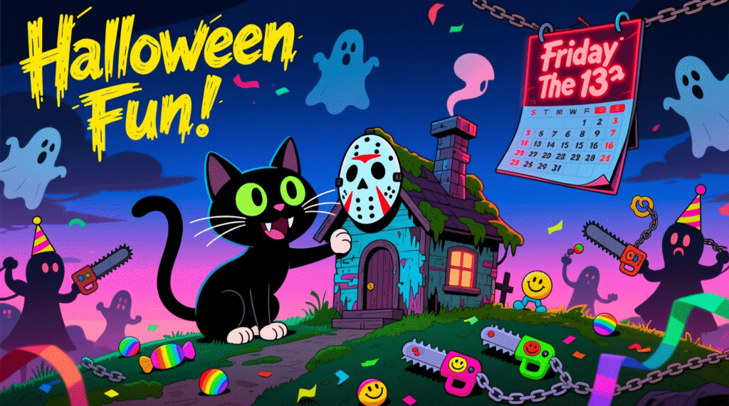 Cartoon illustration of a black cat with a Jason mask and haunted cabin for Friday the 13th movie and horror fans.