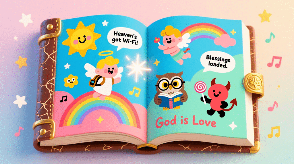 Cartoon of an open Bible with playful illustrations, humorous icons, bright and cheerful colors.
