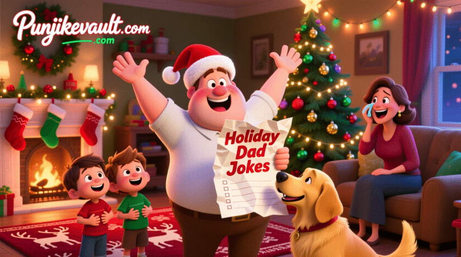 Cheerful dad in Santa hat telling holiday dad jokes to laughing family in a cozy Christmas-decorated living room.