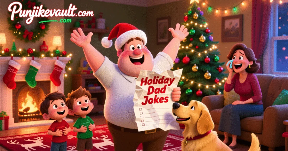 Cheerful dad in Santa hat telling holiday dad jokes to laughing family in a cozy Christmas-decorated living room.