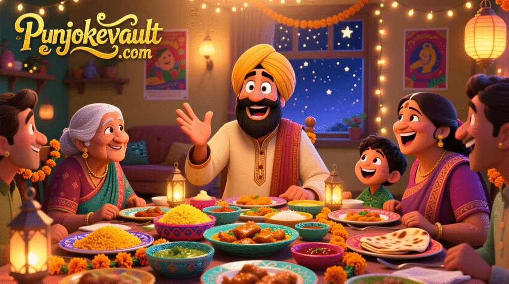 Dad cracking festive jokes while family laughs around a holiday dinner table with colorful decorations.