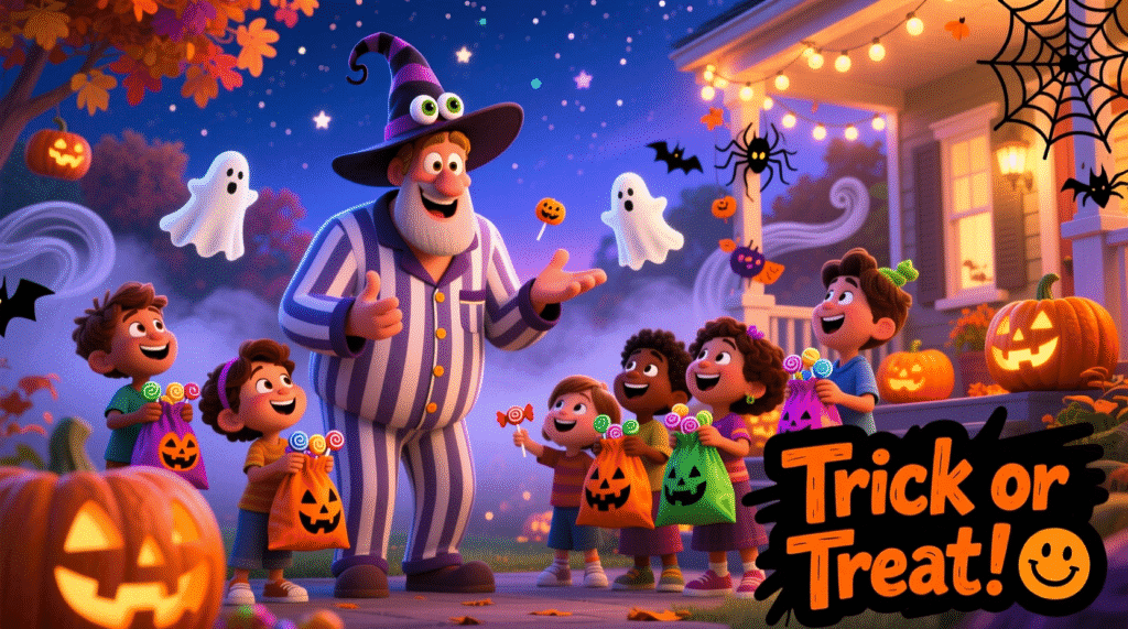 Dad in a funny Halloween costume telling jokes to kids with candy bags, surrounded by pumpkins and spooky decorations.