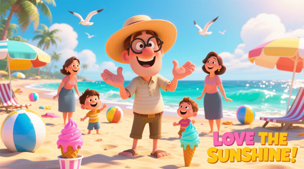 Dad wearing sunglasses telling jokes to family on a sunny beach with umbrellas and beach toys.