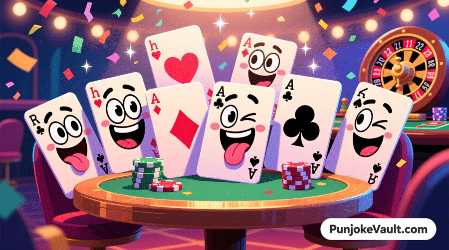 “Funny cartoon deck of cards laughing together at a table – humor theme for PunjokeVault.com”