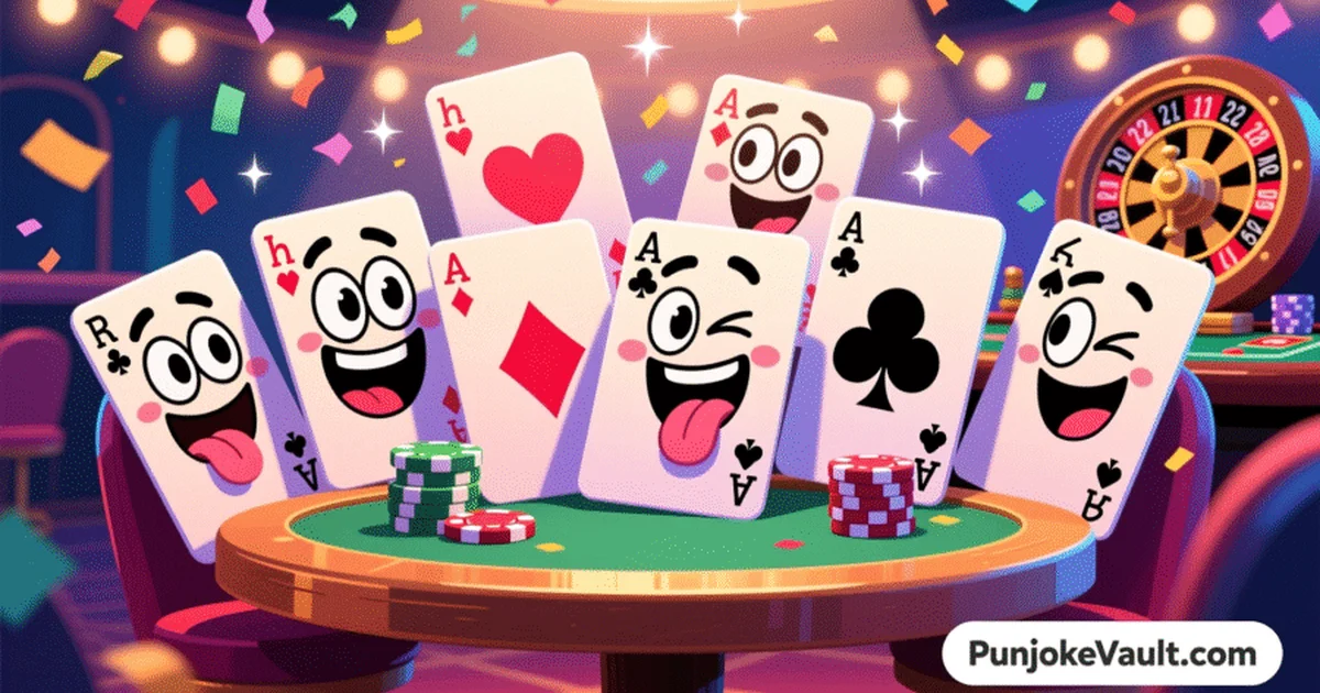 “Funny cartoon deck of cards laughing together at a table – humor theme for PunjokeVault.com”