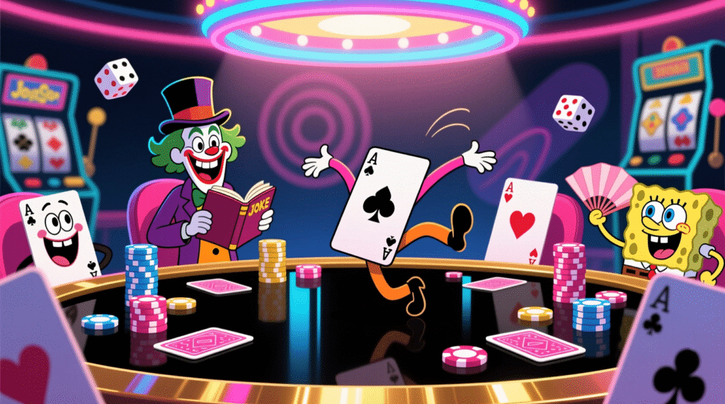 “Cartoon poker cards laughing at a poker table
