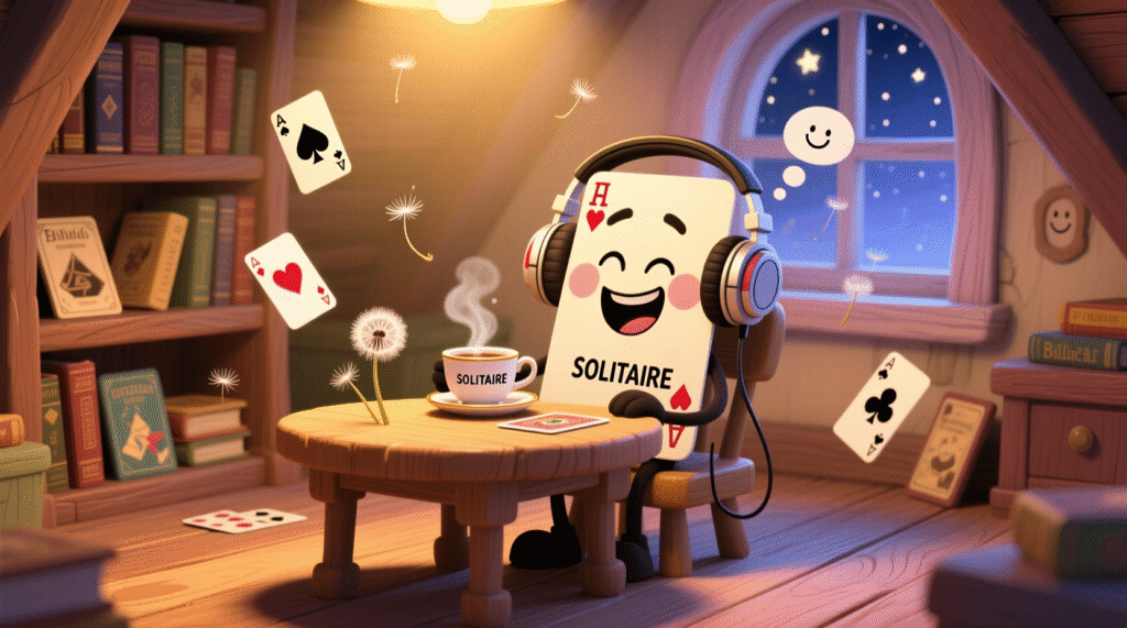“Cute cartoon solitaire card character laughing alone at a table